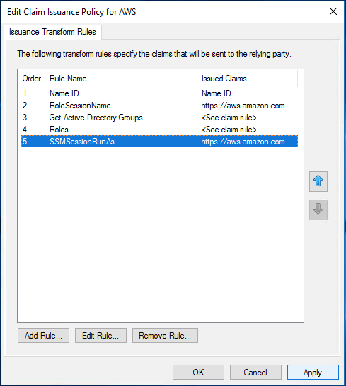 The transform rules specify the claims that will be sent to the relying party. SSMSessionRunAs now appears after Roles in the list.