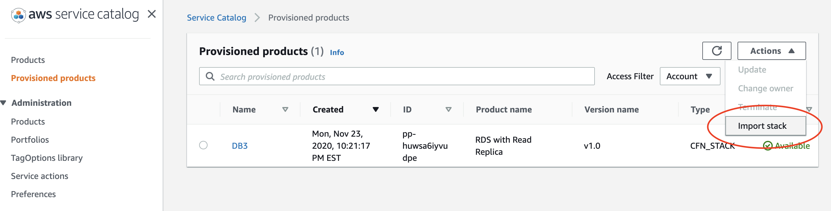 Provisioned products screen in Service Catalog Console