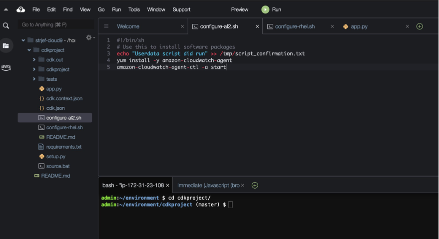 The AWS Cloud9 IDE displays the AWS CDK directory structure. The configure-al2.sh file is displayed in the left pane