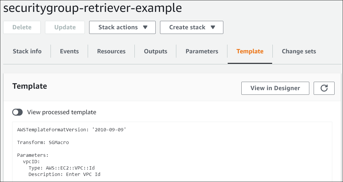 On the Stack Details page, the toggle option to view the processed securitygroup-retriever-example template is selected.