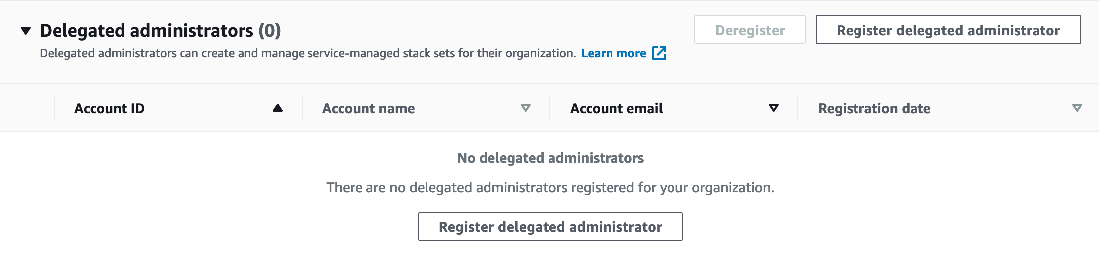 Shows a portion of the delegated administrators web page