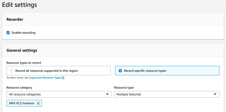 The Settings page shows that recording is on. Under resource types to record, the Specific types field displays AWS EC2 Instance.