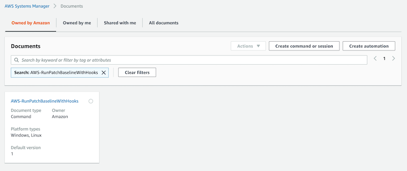The Documents page provides four tabs: Owned by Amazon, Owned by me, Shared with me, and All documents. The Owned by Amazon tab is selected. AWS-Run-PatchBaselineWithHooks is entered in the search field.