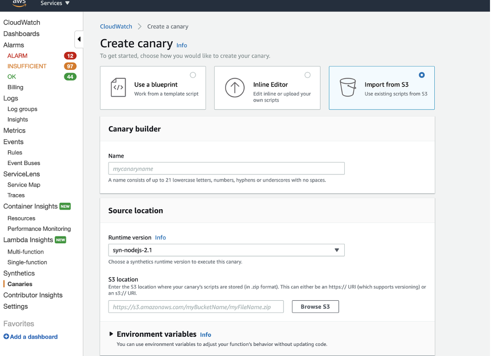 On the Create canary page, the Import from S3 option is selected. There are fields where you can enter a name for the canary, runtime version, and Amazon S3 location