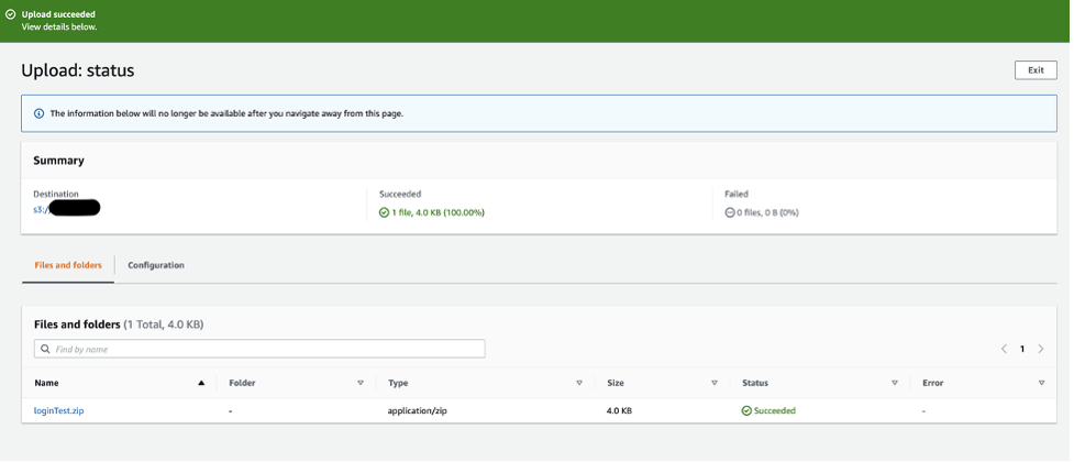 The Upload page displays the destination (s3://testing452). Under Files and folders, loginTest.zip is displayed with a status of Succeeded