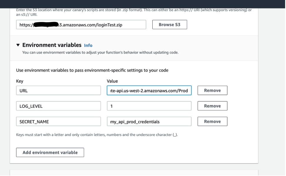 URL, LOG_LEVEL, SECRET_NAME are entered in the Key fields. The value for URL is the production URL. The value for LOG_LEVEL is 1. The value for SECRET_NAME is my_api_prod_credentials.