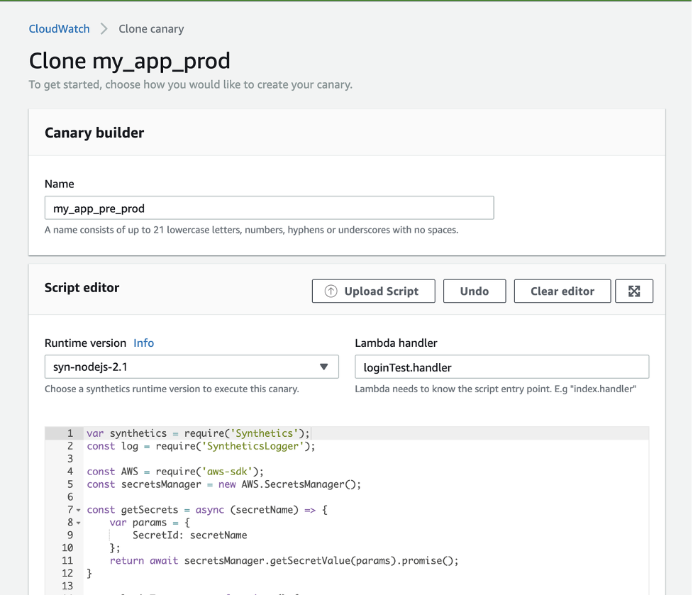 The name entered under Canary builder is my_app_pre_prod. Under Runtime version, syn-nodejs-2.1 is entered. Under Lambda handler, loginTest.handler is entered