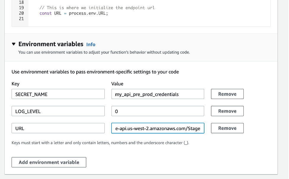 The Key values (SECRET_NAME, LOG_LEVEL, and URL) are set for the cloned canary