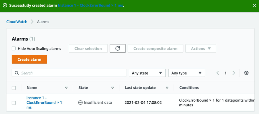 A banner is displayed at the top of the Alarms page to indicate that the alarm was successfully created. The Instance 1 – ClockErrorBound > 1-ms alarm is displayed in the list. Insufficient data is displayed for its state.