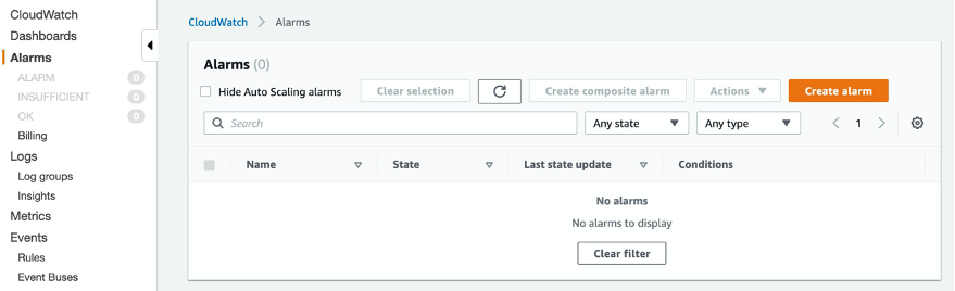The Alarms page text says that there are no alarms to display. The Create alarm button appears on this page.