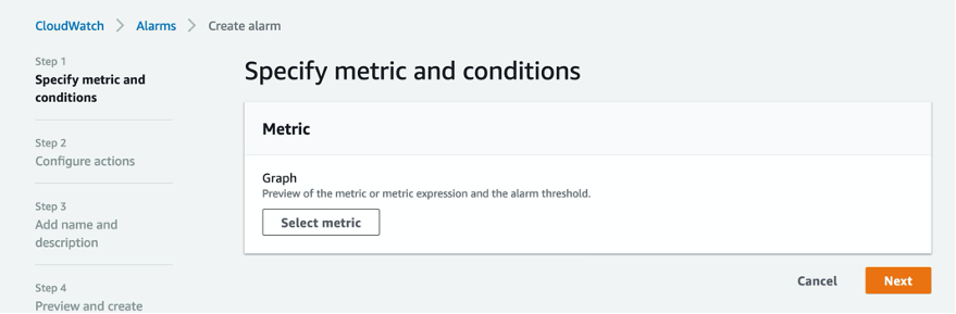 The first step in the console is to specify a metric and conditions. You can preview the metric or metric expression and the alarm threshold.