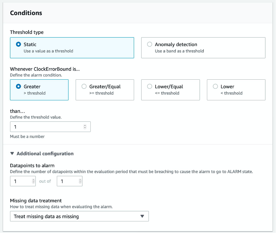 In Conditions, the threshold type is set to Static. The threshold value is set to 1.