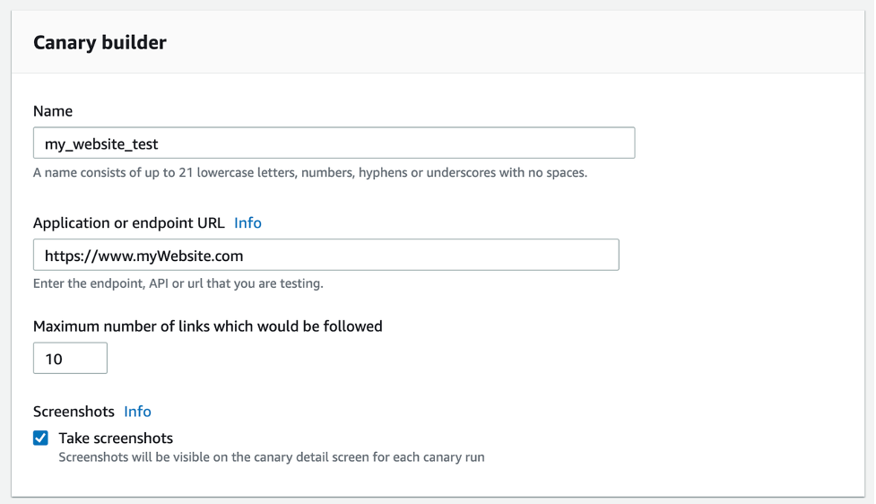 Canary builder page in the Amazon CloudWatch console showing endpoint to monitor and limit input.