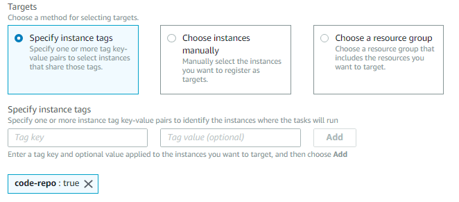 Under Targets, the Specify instance tags option is selected. The tag key-value pair of code-repo and true are selected.