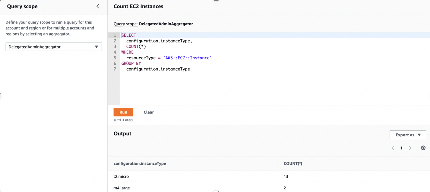 The Query scope is set to DelegatedAdminAggregator. The code window displays a sample query to count the number of EC2 instances and group them by instance type.