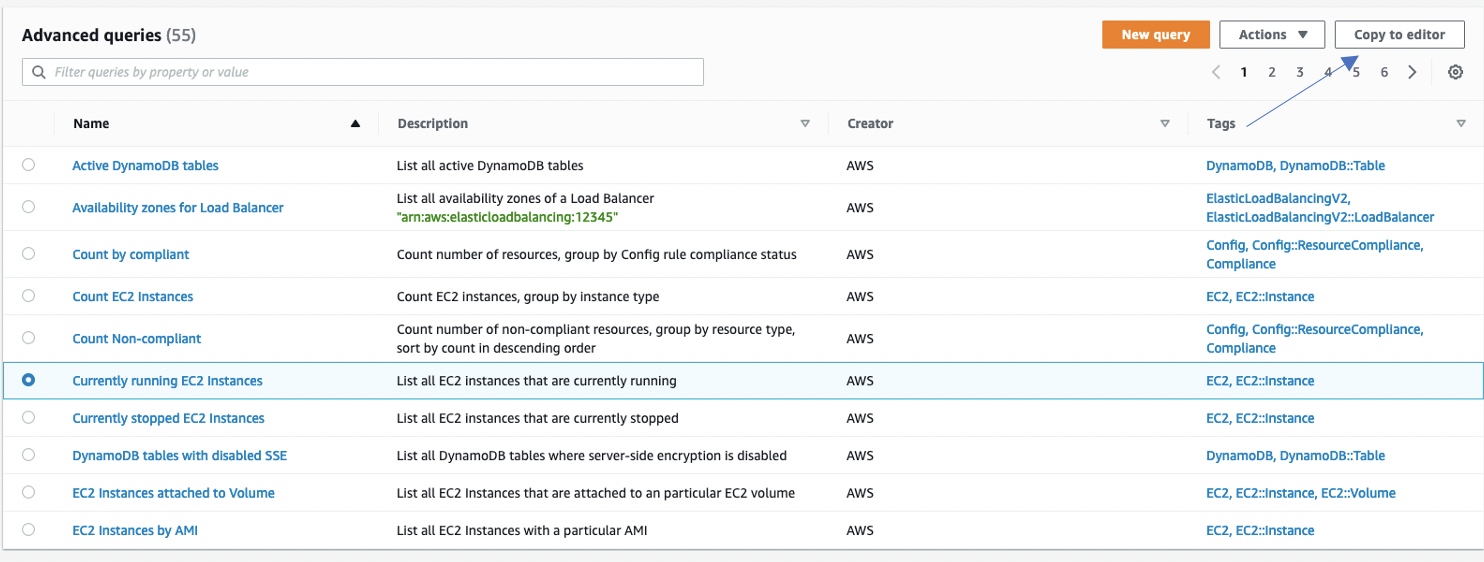 Under Advanced queries, Currently running EC2 Instances is selected.