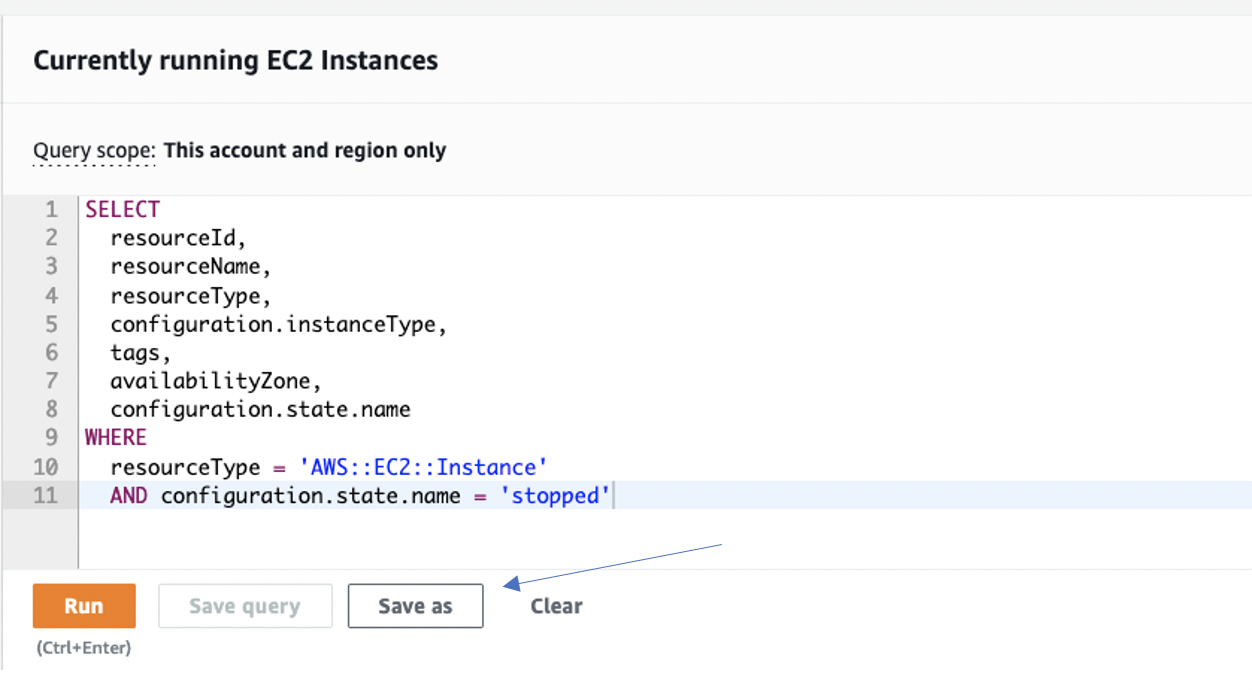 Query scope is set to This account and region only. The configuration state name value has been changed to stopped.