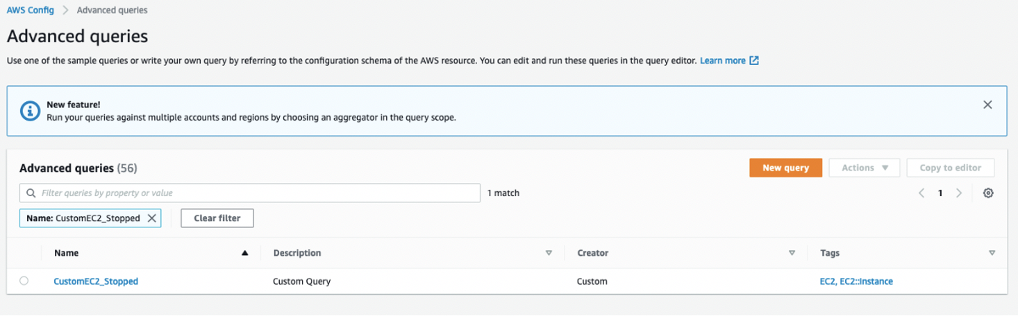 The CustomEC2_Stopped custom query now appears in the Advanced queries list.