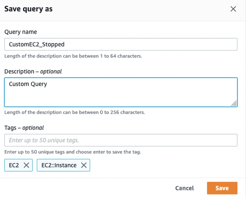 Save query as displays a query name of CustomEC2_Stopped. Its description is Custom Query. The EC2 and EC2::Instance tags have been added to the query.