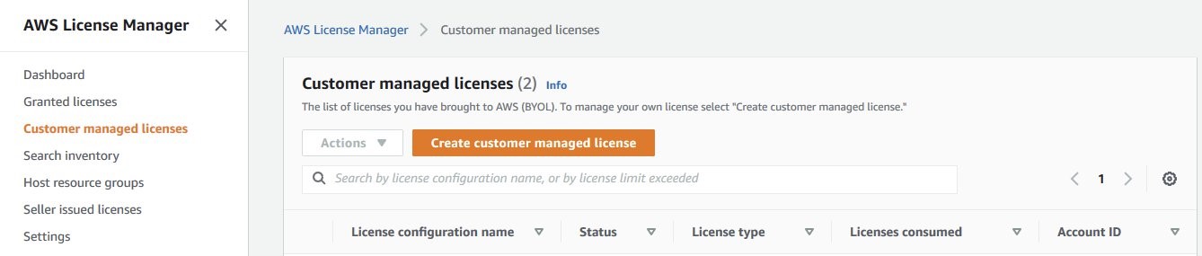 The Customer managed licenses page lists BYOL licenses. It includes an Actions menu and a Create customer managed license button.