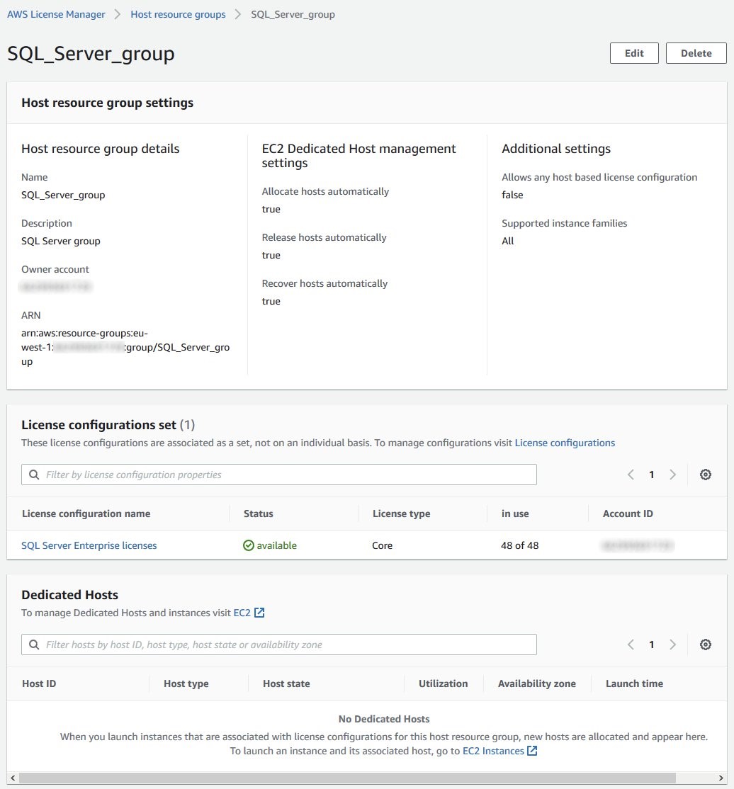 On the SQL_Server_group details page, under Dedicated Hosts, no Dedicated Hosts are provisioned.