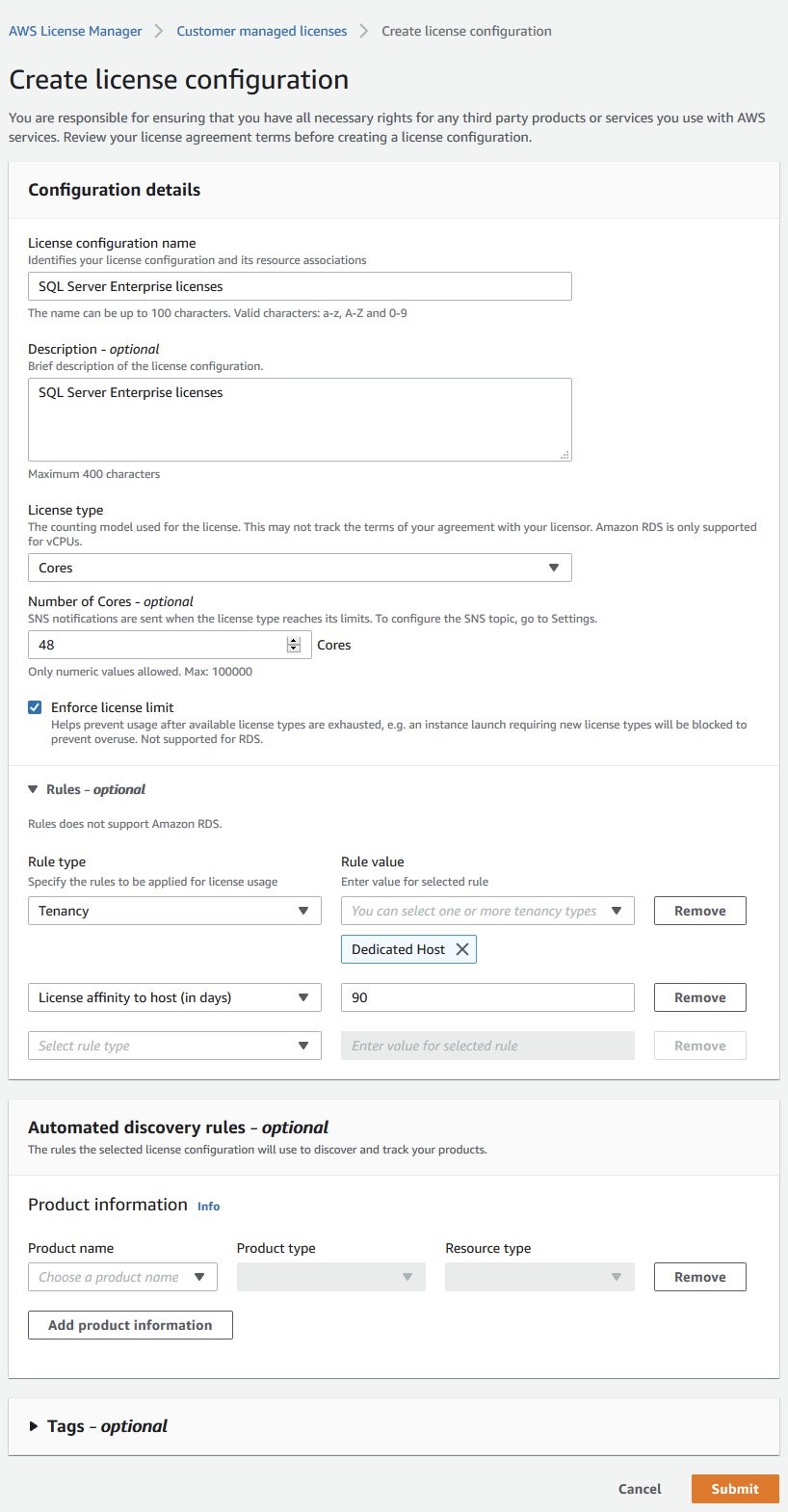 The fields of the Create license configuration page are completed as described in the body of the post.