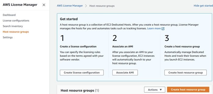 The Host resource groups page displays a three-step sequence: create a license configuration, associate an AMI, and create a host resource group.