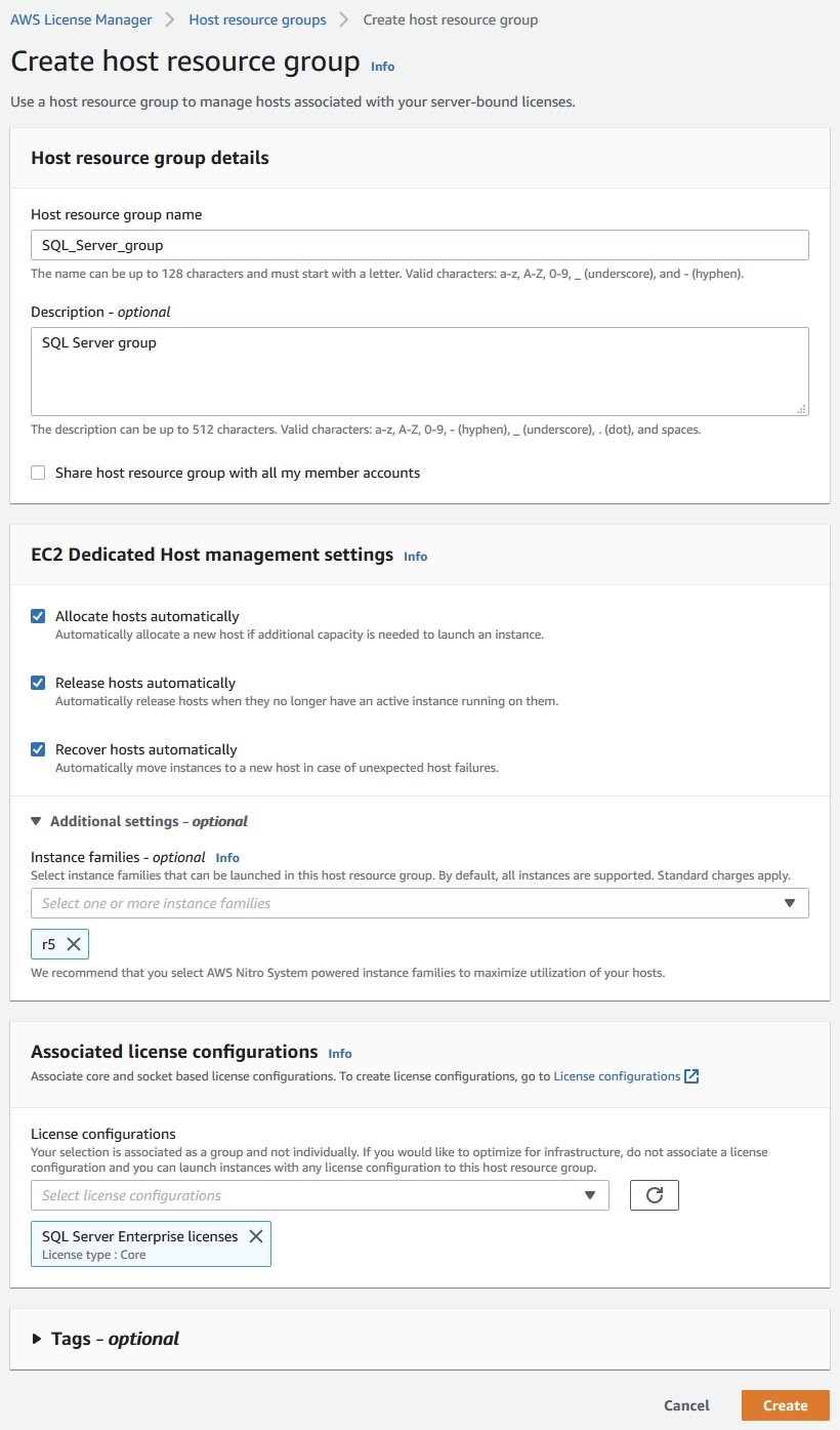 The fields on the Create host resource group page are completed as described in the body of the post.