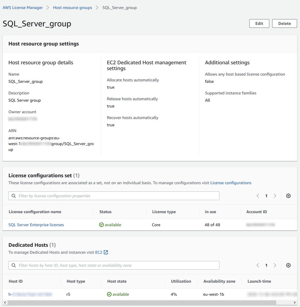 The SQL_Server_group details page displays host resource group settings, license configurations set, and Dedicated Hosts.