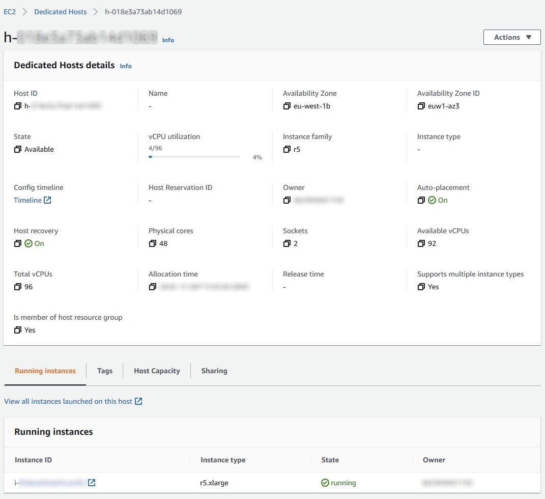 The Dedicated Host details include ID, state, name, physical cores, Availability Zone, instance family, and more.