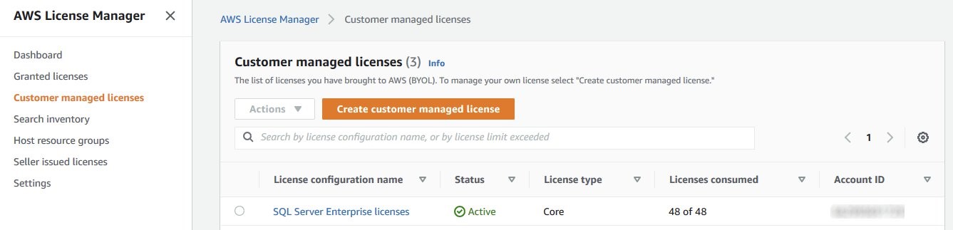 On Customer managed licenses, the SQL Server Enterprise licenses show a status of Active, a license type of Core, and 48 of 48 licenses consumed.