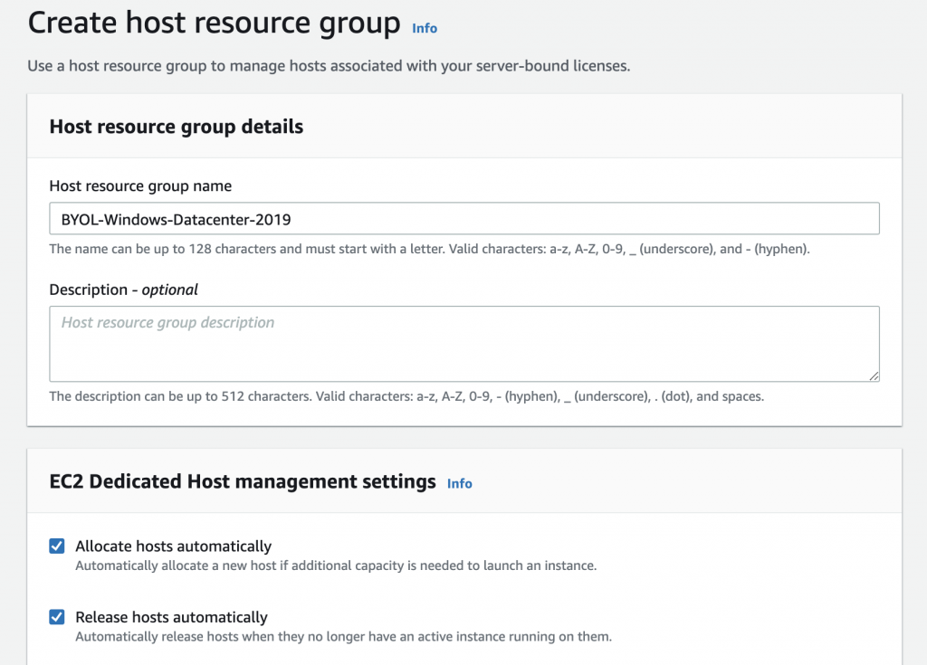 Create a host resource group includes fields for the name and description of host resource group. There are also checkboxes (both selected in this example) to allocate hosts automatically and release hosts automatically.