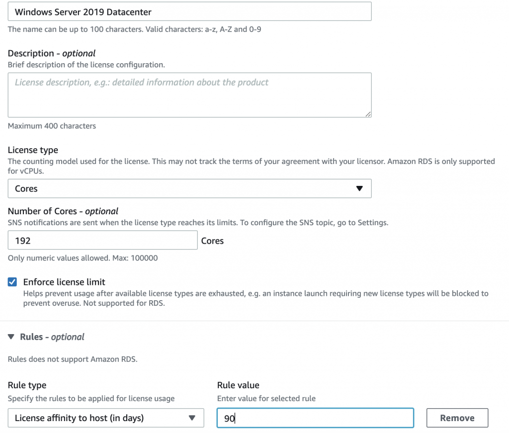 Create license configuration includes fields for name (Windows Server 2019 Datacenter) and description. It also includes fields for license type (Cores), the number of cores (192), and an Enforce license limit checkbox, which in this example is selected.