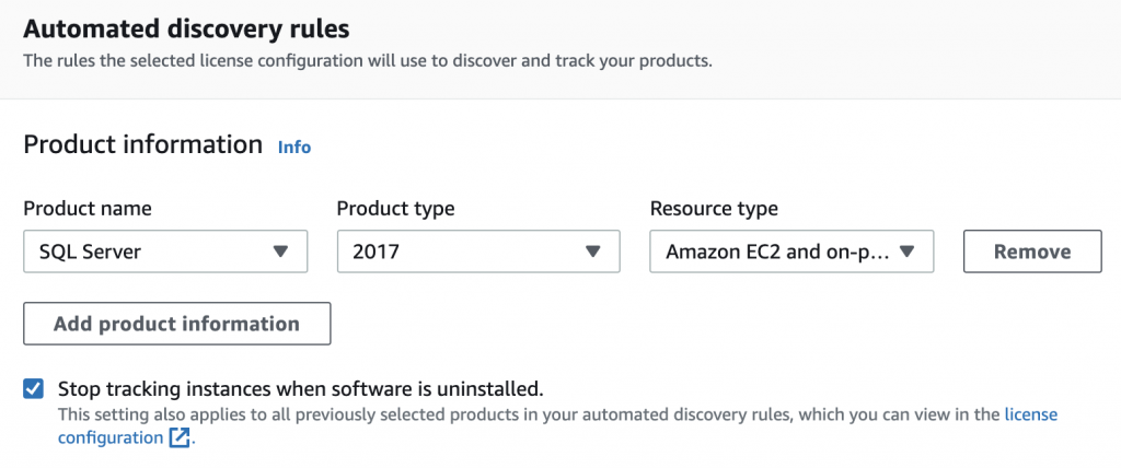 Automated discovery rules includes fields you can use to enter product information. This example shows the product name (SQL Server), product type (2017), and resource type (Amazon EC2 and on-premises). The Stop tracking instances when software is uninstalled checkbox is selected.