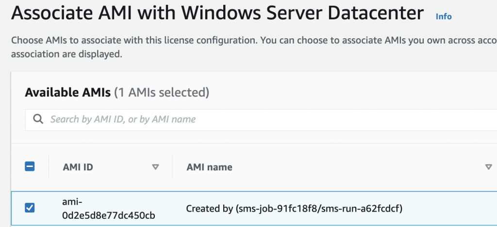 Associate an AMI with Windows Server Datacenter lists one available AMI.