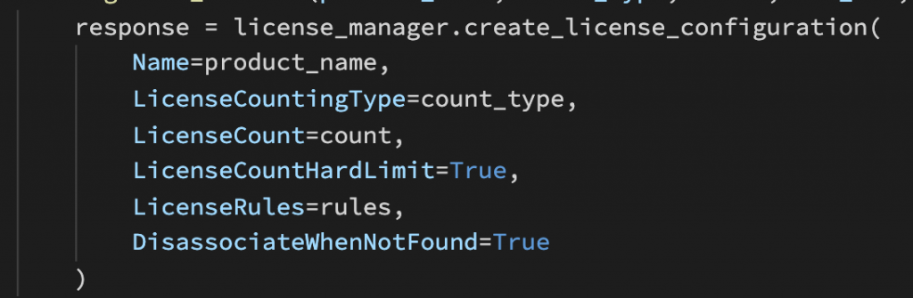 Sample code illustrating how the create_license_configuration API is called.