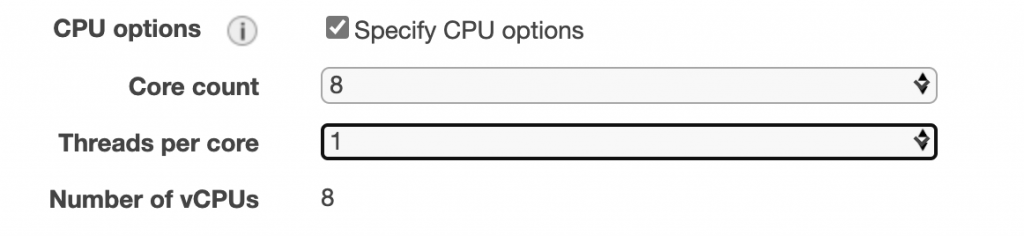 CPU options in the EC2 Launch Wizard include a Specify CPU options checkbox (selected in this example) and fields for core count, threads per core, and number of VCPUs.