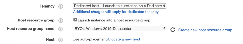 In Tenancy, Dedicated host - Launch this instance on a Dedicated Host is displayed. The Launch instance into a host resource group is selected. For Host resource group name, BYOL-Windows-2019-Datacenter is displayed.