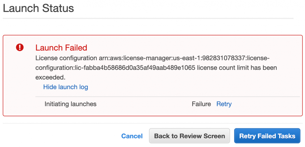 A Launch Failed error message is displayed in the EC2 Launch Wizard due to a violation of an enforced license limit.