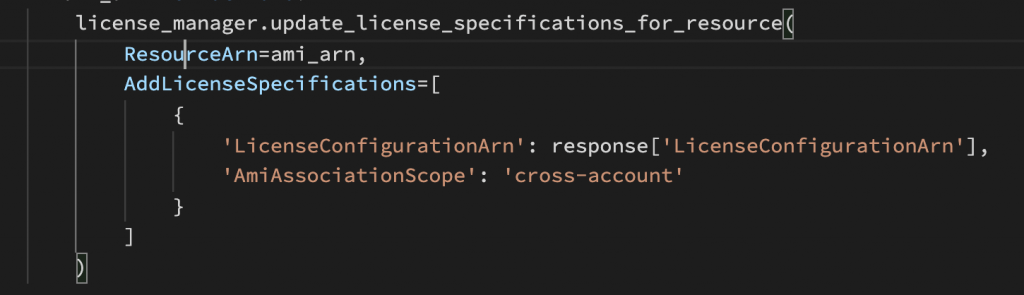 A screenshot of sample code demonstrating the License Manager "update_licenmse_specifications_for_resource" API call.