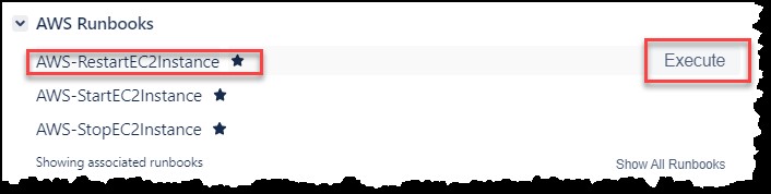 ystem Manager runbook associated with the OpsItem are listed, mouse hover over runbook displays “Execute” link to the right 