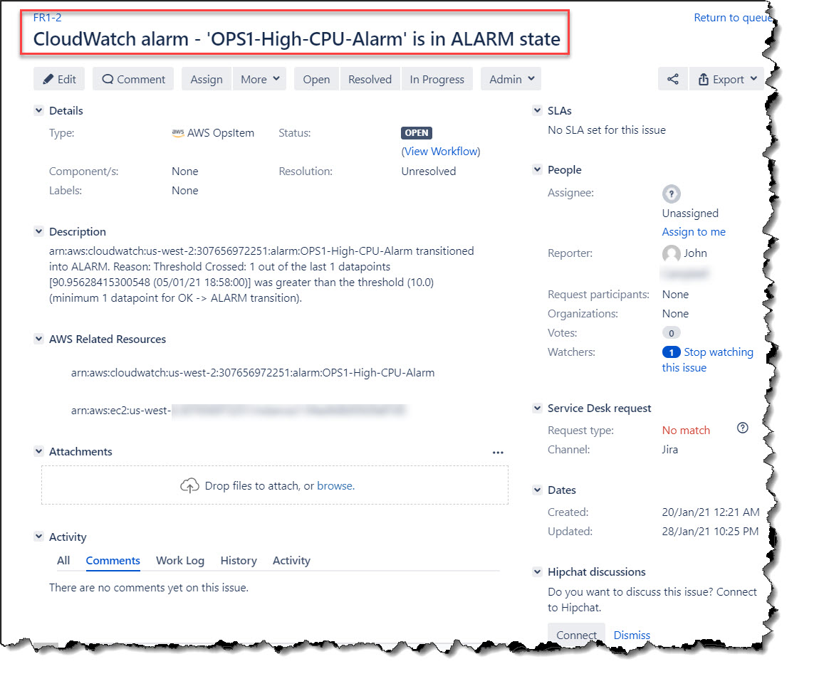 An OpsItem when when displayed in JSM as a Jira Issue showing many of the same data fields as OpsItem in the OpsCenter