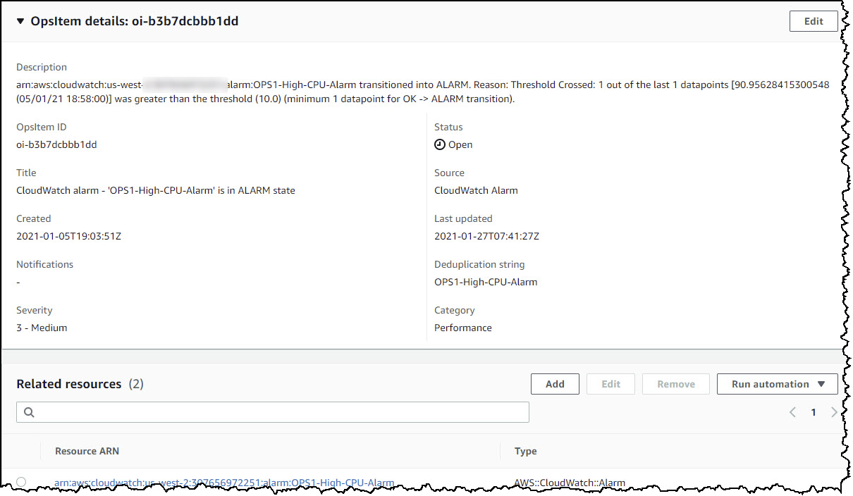 Details for an OpsItem shown including its ID, title, status (Open), source (CloudWatch Alarm), severity (3-medium), and so on