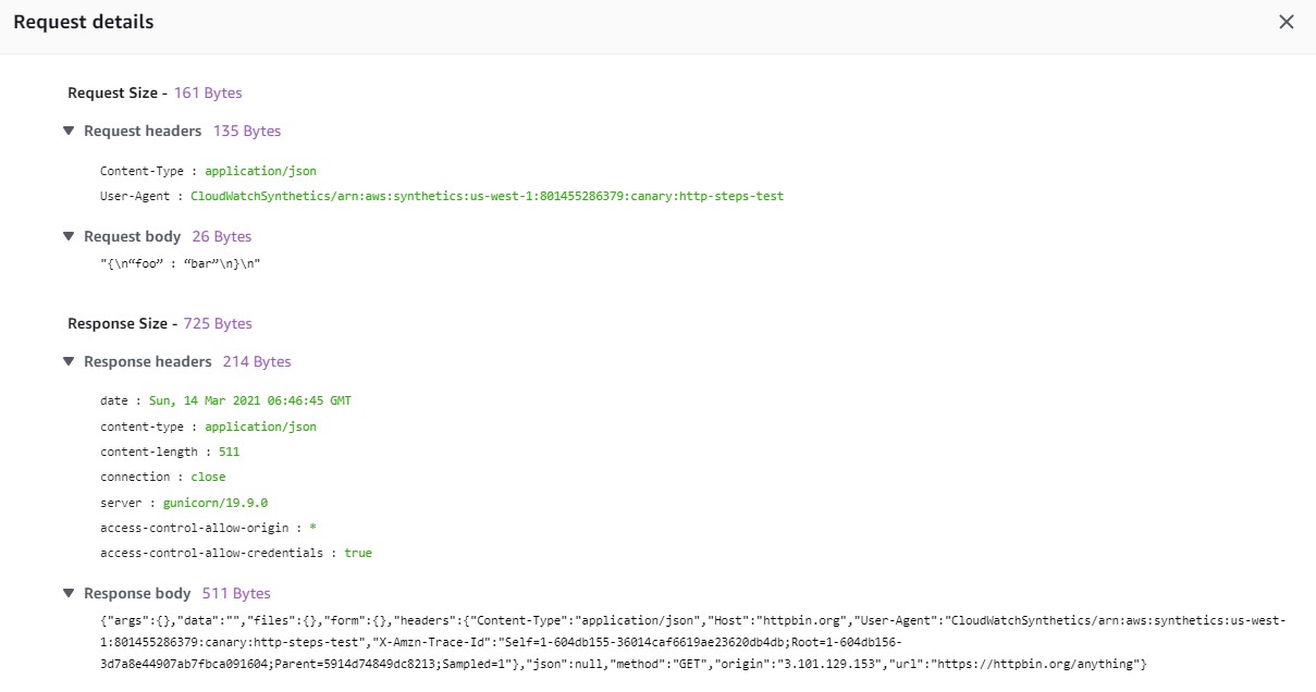 Request details shows the text output generated during the request and response..