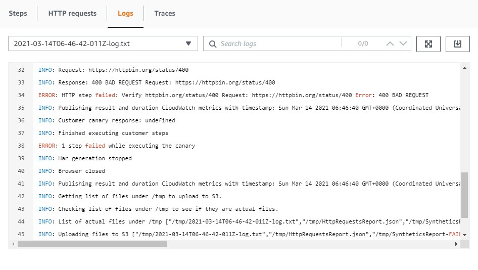 Log report generated during the canary execution shows the httpbin.org/status/400 request failed.