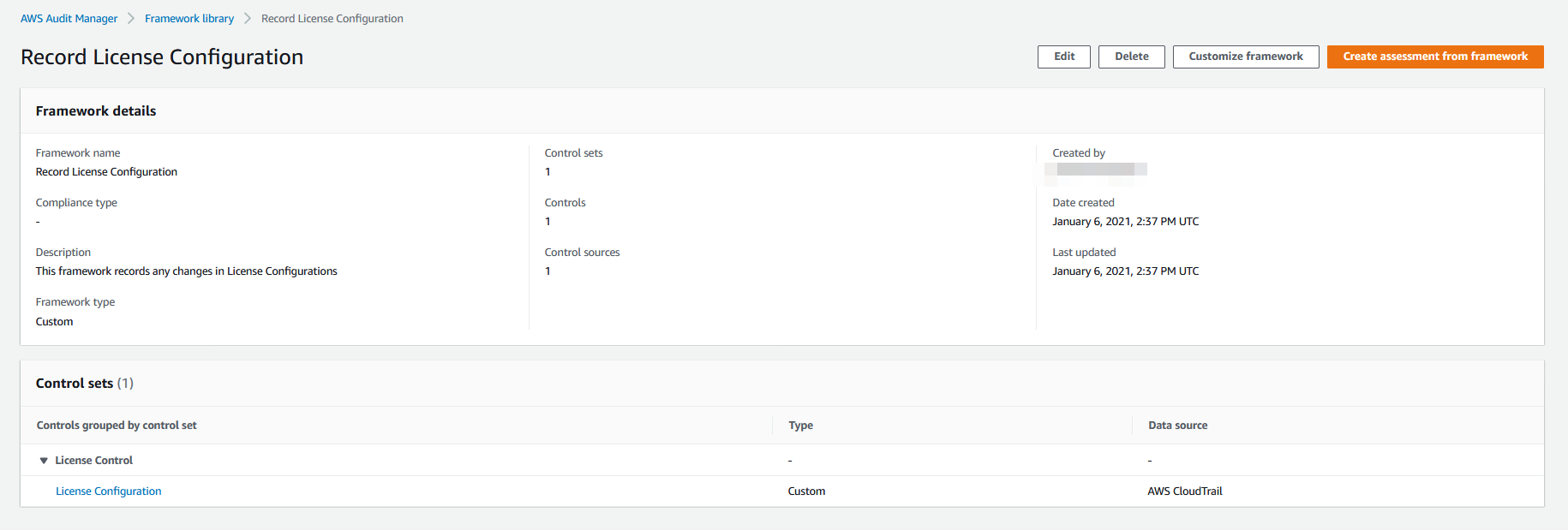 The framework named Record License Configuration is displayed in Framework details. Under Control sets, License Configuration is displayed.