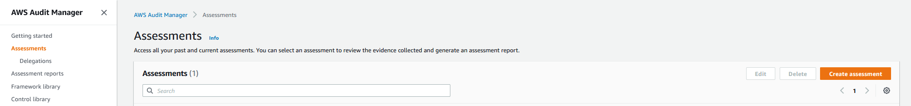 The Assessments page includes a search field you can use to access past and current assessments. It also includes Edit, Delete, and Create assessment buttons.