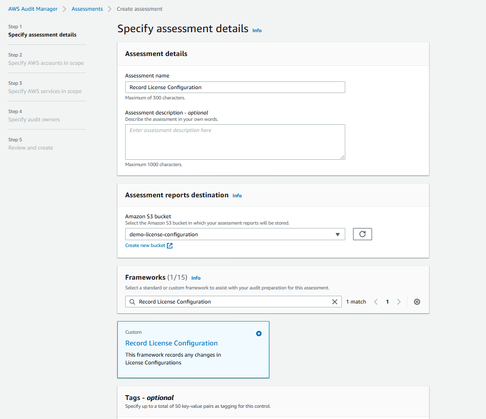 The Specify assessment details page provides fields for name and description. It also includes sections for Assessment reports destination, Frameworks, and Tags.