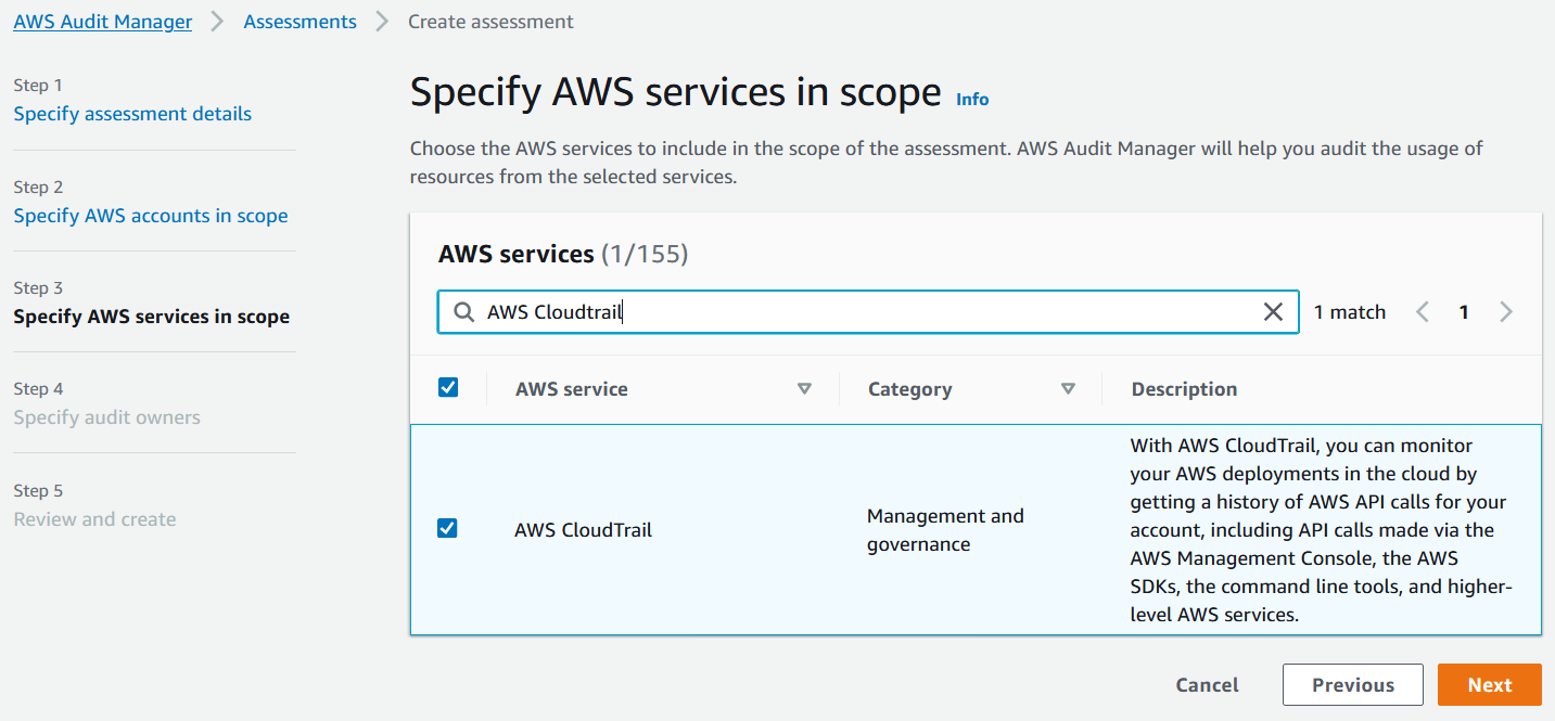 In the AWS services list, AWS CloudTrail is selected. Its category is Management and governance.