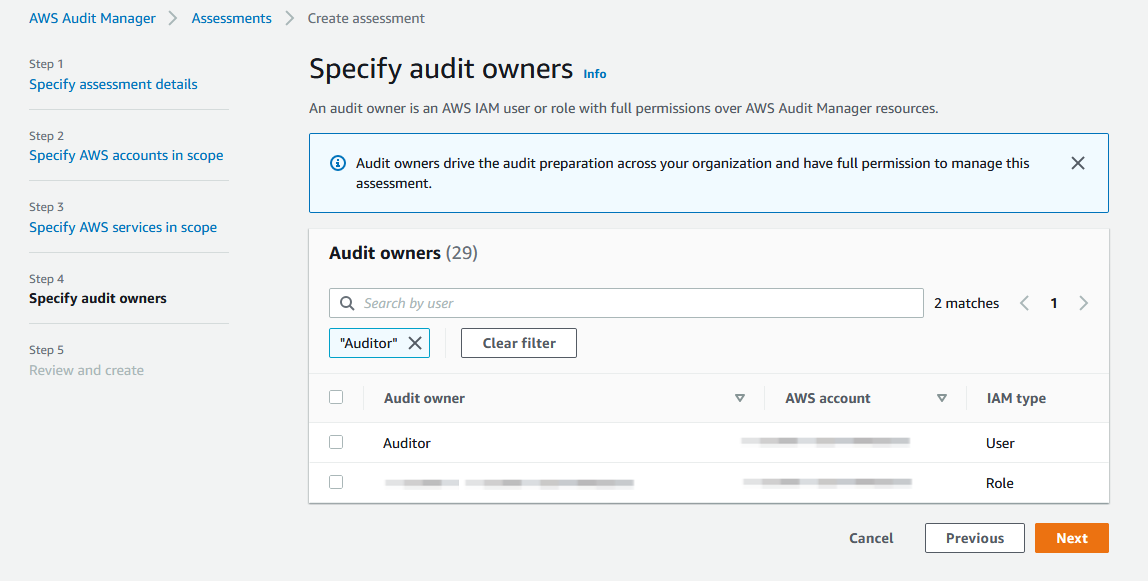 Use the Specify audit owners page to select an IAM user or role with permissions to access AWS Audit Manager resources.